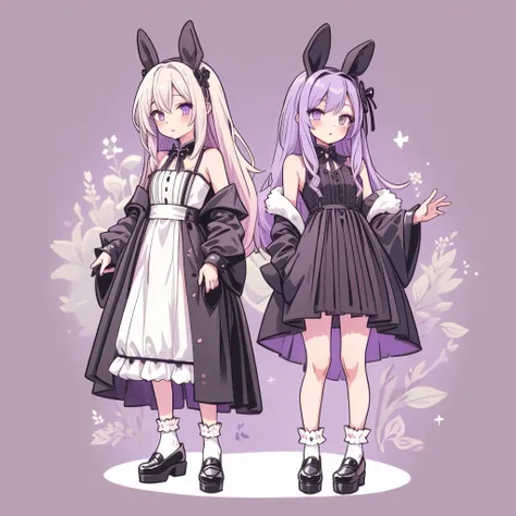 Chibi、Purple background、Black clothes、Long sleeves with flared cuffs、Shoulders are exposed、One-piece flared skirt、Holding a stuffed rabbit in one hand、black and white socks、Gothic Shoes、