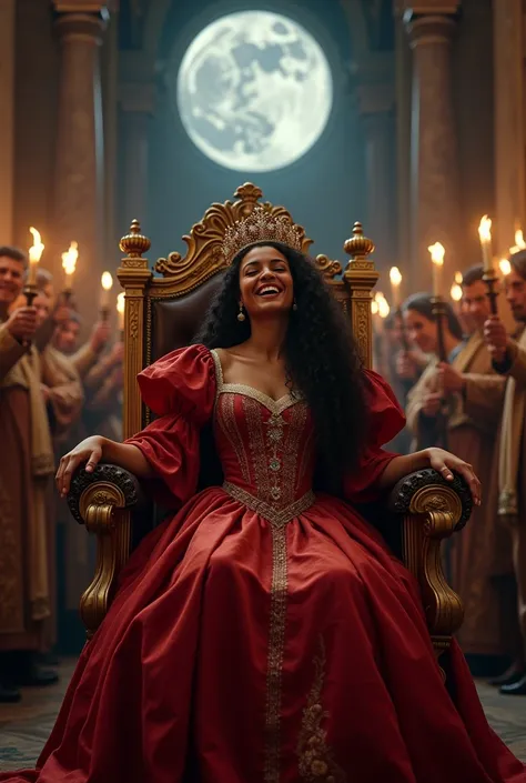 realistic image, of a white woman, long curly black hair,  laughing, Dressing,red 17th century royal dress from the colonial era,sitting on a throne inside a castle with a queen&#39;s crown, On a full moon night, surrounded by people, priests and settlers ...