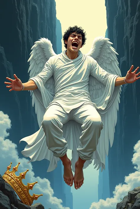 Create a young man falling from the sky like the fallen angel , that he has a white garment that covers his entire body like a sheet, that he is falling on his back as if falling from a mountain and that there is a crown next to him representing that he no...