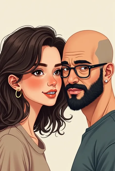 illustration of a white woman with dark brown wavy hair, brown eyes, rosy cheeks and full mouth wearing braces and wearing small gold earrings and a bald brown man, black beard, wearing glasses and without braces, no earring