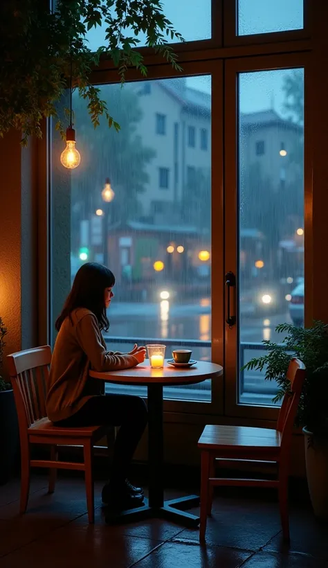 a luxury cafe , wooden chairs and wooden table, one candle on the table, big windows and rainy outside, a peaceful cafe atmosphere, night ,dışarısı night, looking at the street. The cafe is empty, just cafe, a peaceful cafe