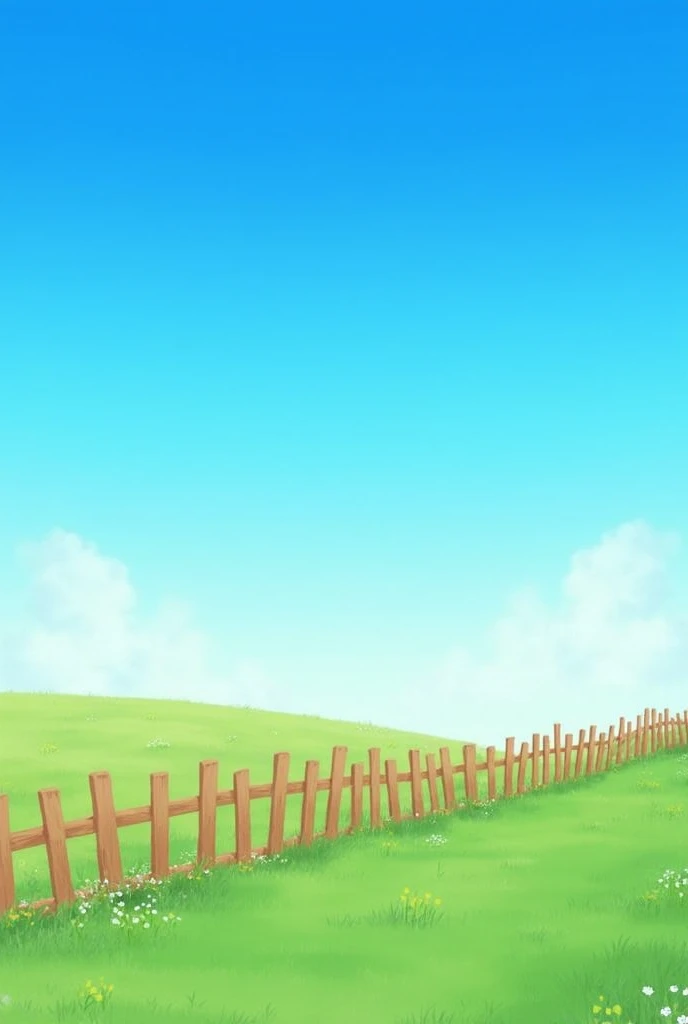  On one side a light brown fence with small flowers growing underneath it and a clear blue sky