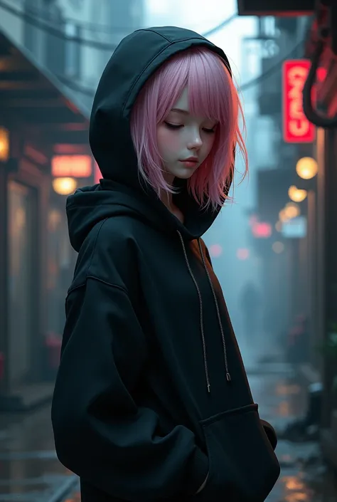 Girl, light pink hair, eyes closed, facing at me, black hoodie with hood on, cyberpunk, chubby