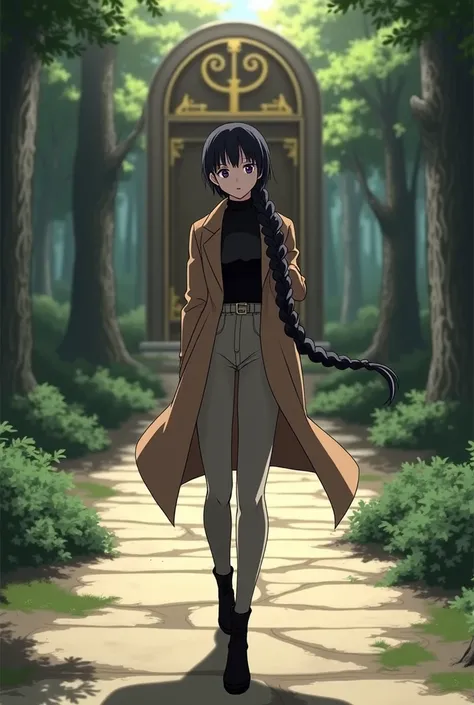 A screenshot from the anime Boku no Hero Academia of a 1 girl walking towards the door turning her head, He has almond-shaped violet eyes, long eyelashes and pink lips. She has a black long-sleeved blouse with a turtleneck fitted to the body with a brown t...