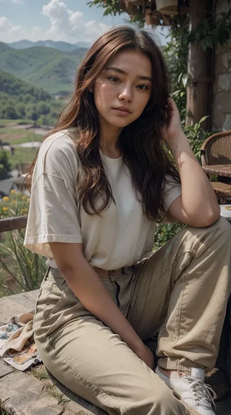 2teenage girl, mongoloid, asian, dark_skin, red hair, random hair styles, beautiful girl in nature,full body, portraits,soft and warm colors,natural lighting,beige cargo pants, and sneakers The man sat cross-legged on the top of the hill., while drinking c...