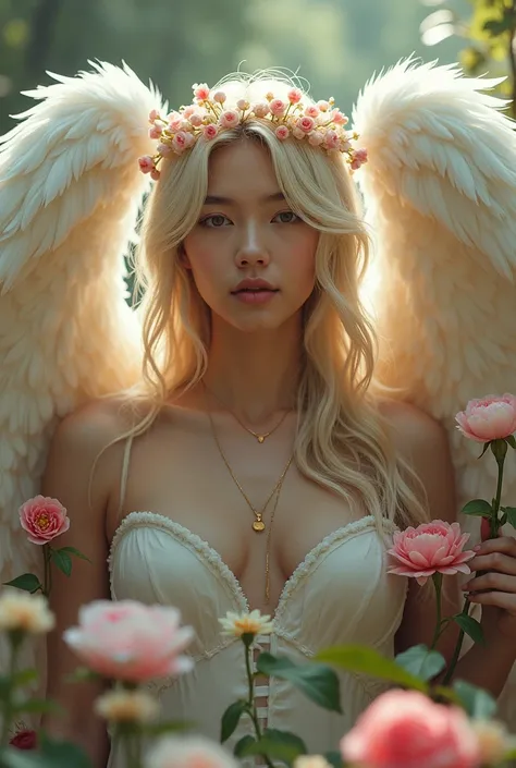 Generate a picture of jhope of BTS having long white gorgeous wings and long blonde hair, bare chest with a flower crown on his head and an all flower background 