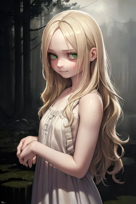 a young girl in a dirty swamp, looking down with a sad expression, her pale skin and long wavy blonde hair contrasting with the ...