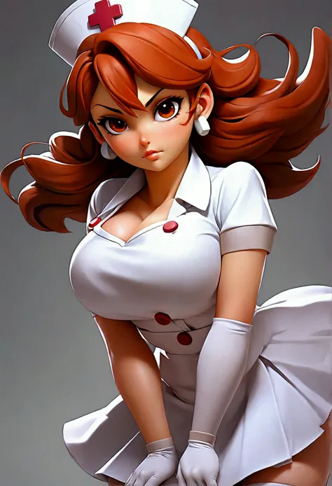 Beautiful 1 anime style woman, dressed as a nurse with big, huge breasts, a giant neckline that allows you to see her full and beautiful body attributes, with a short skirt that reveals her thong and part of her vagina,beautiful legs, perfect, Angelic face...