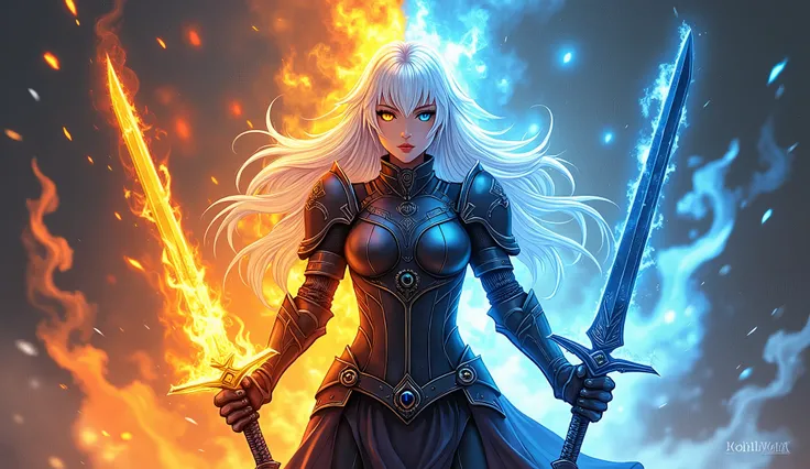 This is an image of a female anime character. This is a digital illustration of a woman with white hair and a blue right eye and a bright yellow left eye., dressed in dark metal armor, half of your body on fire and the other half frozen in ice. She is hold...