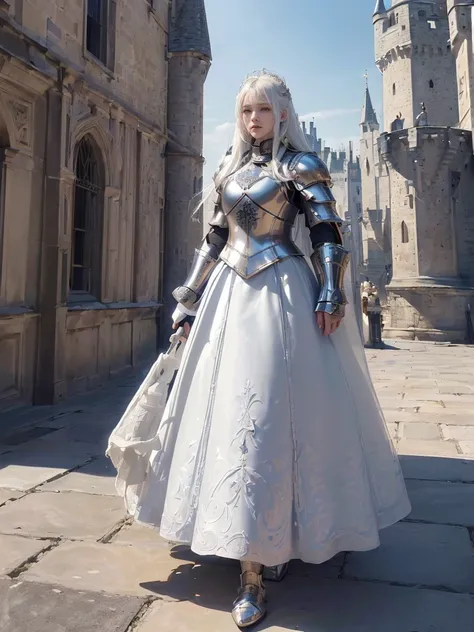 ( Absurdly,high quality , Very detailed,32K,High image quality,Ultra HD)、(((White Hair)))、(((Royal Guard,Knights of the Rose、Leader、Coat of arms)))、(((Knight Armor、Hand guard、foot armor)))、(((Pure white long skirt)))、(((Perfect limbs)))、(masterpiece, 最high...