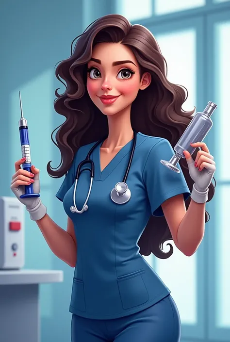 Animated Nurse Avatar, dark blue surgical pajamas, dark brown curly and long, with syringe and stethoscope