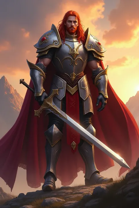 Make me a male paladin RPG character, Her hair is long and red, he wields a long sword in his hands