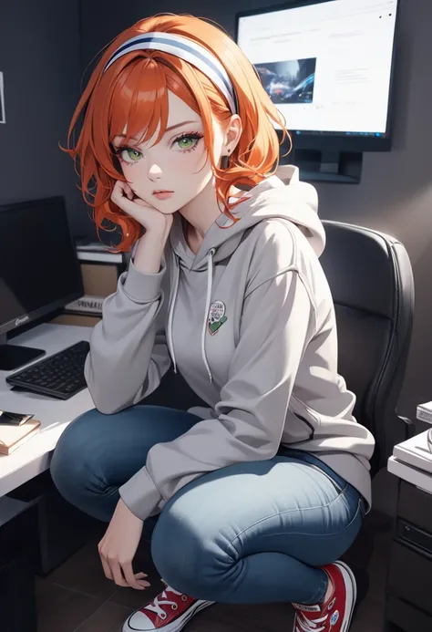 (masterpiece, best quality:1.2), solo, 1girl, vivian james, expressionless, looking at viewer, squatting, head rest, hairband, four-leaf clover, striped, hoodie, hood down, jeans, converse, dark room, computer, monitor