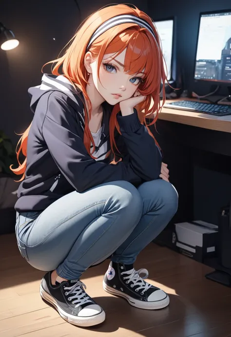 (masterpiece, best quality:1.2), solo, 1girl, vivian james, expressionless, looking at viewer, squatting, head rest, hairband, four-leaf clover, striped, hoodie, hood down, jeans, converse, dark room, computer, monitor