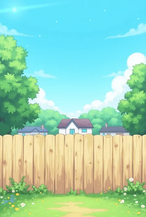  On one side a light brown fence with small flowers growing underneath it a clear blue sky and anonymous houses