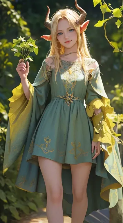 A medieval summer girl with yellow vines in her hands and vine horns looking at the viewer, standing on her feet, legs wrapped in roots, dress, blonde, blue eyes, best quality, 4k, 8k, highres, masterpiece, ultra-detailed, realistic, photorealistic, photo-...