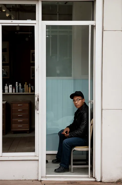 Observer on the sidewalk, looking through a large glass door, into a barber shop.