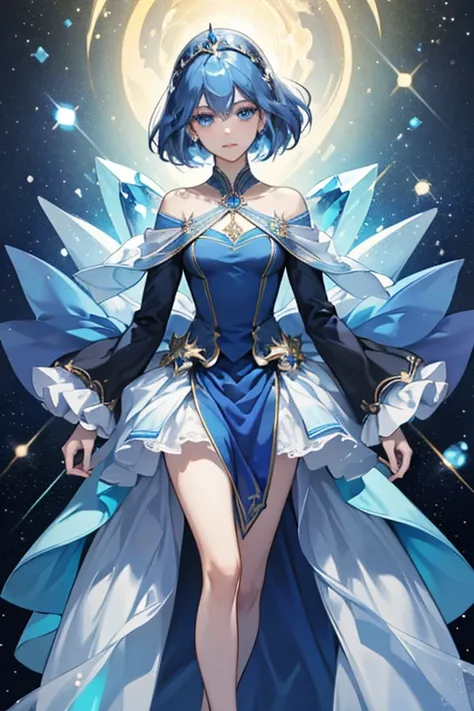 Lapis Lazuli has a light blue complexion and dark blue hair. She wears long sleeves and two skirts, one goes to her legs while the other goes only a small distance. Her uniform consists of the Blue Diamond insignia. Her gemstone is located on her head. SPA...