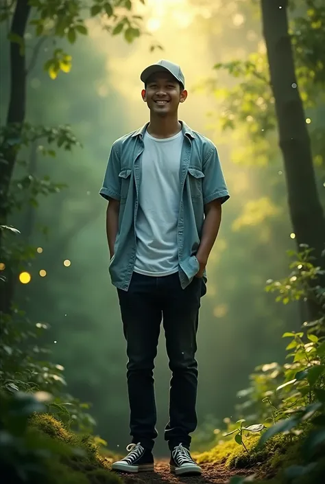 
Handsome Indonesian man, reversed trucker caps, white t-shirt open light blue shirt, black jeans, black converse shoes standing on the lush green forest floor covered in soft moss-like texture, where bright rays of light filter through the dense green pla...