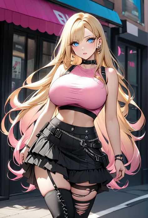 Woman, with very long blond hair, with light blue eyes, she is wearing a pink croptop with a black skirt with ruffles, with ripped leggings, with black combat boots, she has good hips, she has big boobs, she has piercings, she is wearing pink eyeshadow.