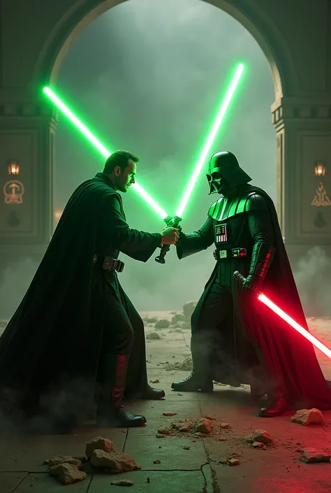 Hugh Jackman as a Jedi with a green lightsaber dueling Darth Vader