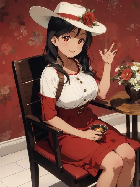 1 female, tan skin, brown skin, huge breast, black 50s long hair, red long vintage dress, 50s dress, red 50s hat, red nails, red shoe, 50s place wallpaper, smile, sitting down, in the 50s chair, flowers, sexy lip, red lip