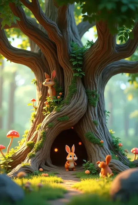 Need 3D animation style"Ancient Oak Mystery**: The ancient oak tree has its own secrets. Detail the magical or mysterious elements they find around the tree as they search for the treasure by rabbit and squirrel.