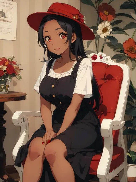 1 female, tan skin, brown skin, huge breast, black 50s long hair, red long vintage dress, 50s dress, red 50s hat, red nails, red shoe, 50s place wallpaper, smile, sitting down, in the 50s chair, flowers, sexy lip, red lip