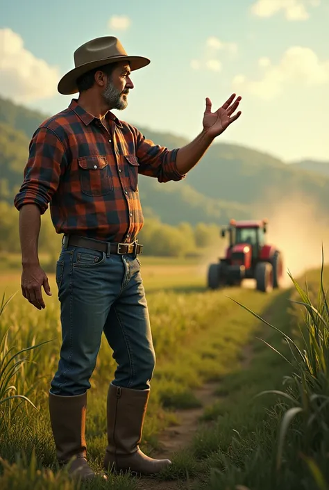 Create a man signaling a tractor