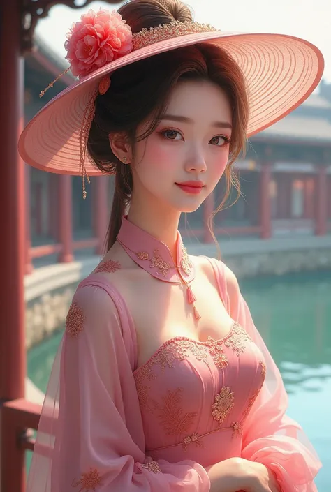 masterpiece, Best Quality, Waterfront, banquet, 1 female, Mature Woman, elegant, Chinese style, Ancient China, sister, Royal sister, happy, Meatball Head, Light Brown Hair, Pink Eyes, Gorgeous hat, Light pink lips, Pink clothes, Thread-like clothing, intel...