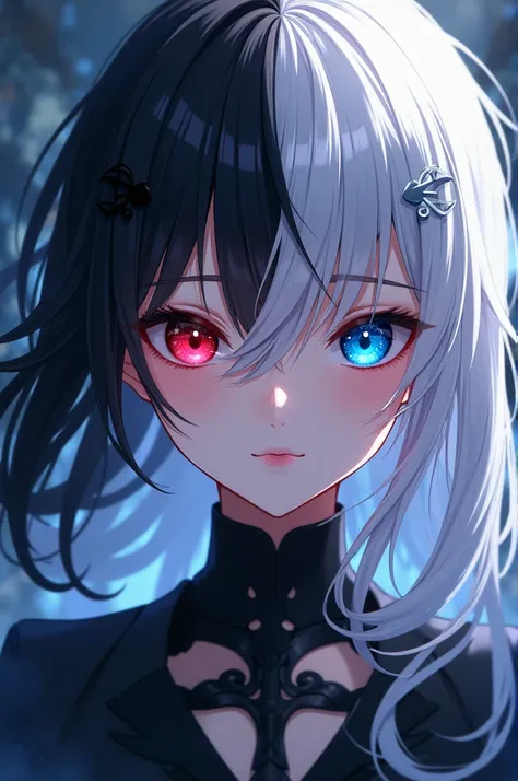 Create an anime character with part of the face with red eyes and black hair and another part with white hair and blue eyes