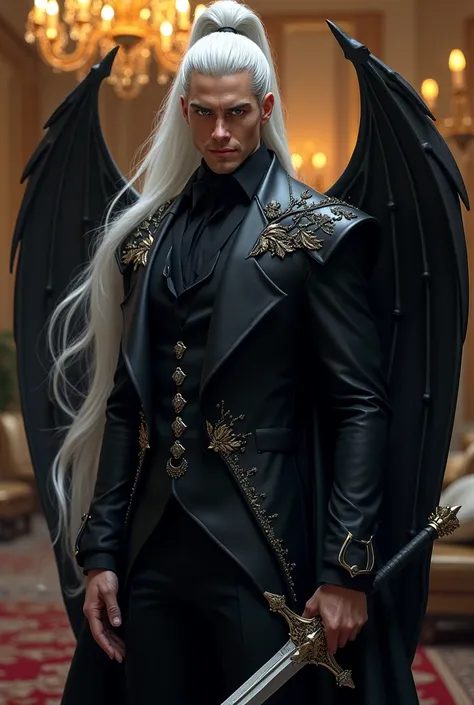 Create a handsome prince of hell, that has long white hair in a high ponytail with loose strands. May he have blue eyes and a proud smile. She has on an elegant black outfit with shoulder pads falling in the shape of leaves on her arms., that has a black s...