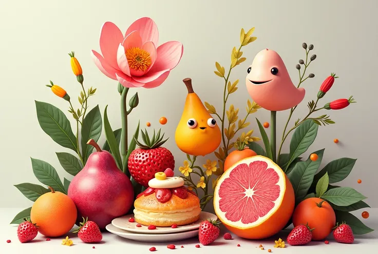 Create a still life made up of fruit, flowers and food. That it is not so realistic and that it does not have so many elements 