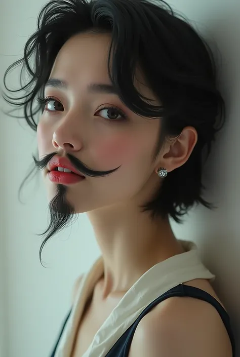 Realistic precise portrait, young bearded woman with a goatee beard and long mustache medium-long black hair with side bangs, beautiful eyes, Beautiful Make Up, solo, high resolution