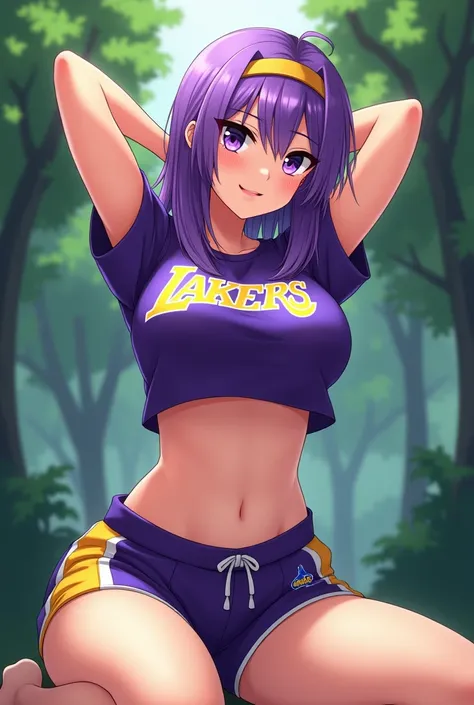 A shy anime girl, lakers uniform purple, shorts purple, t-shirt, navel, abs, strong abs, trees background, arms behind head, shy smile, pose sexy, stretching, curved torso, legs crossed, hair purple, purple eyes, muscule, fit girl, muscule female, big brea...