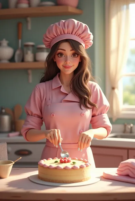 Realistic softened image with a woman making a cake, she is wearing a pink pastry chef outfit, in one of his hands is a spoon that he uses to make cakes, There is a beautiful cake on the table, This woman has brown eyes, brown hair and is 50 years old
