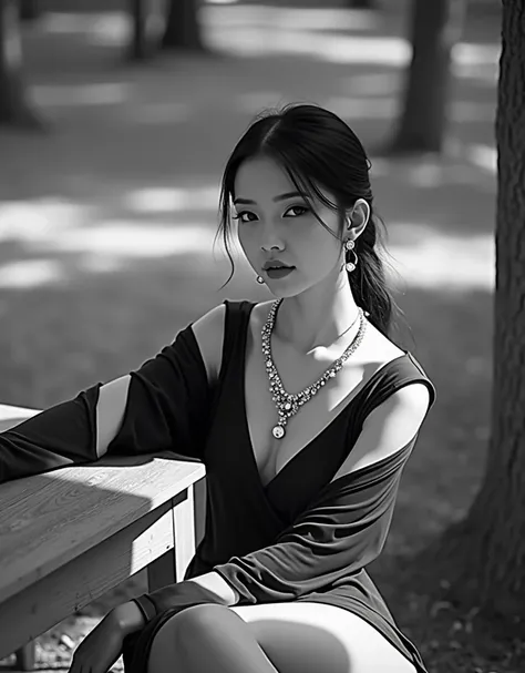 Black and white photo of a beautiful woman sitting on a table outdoors