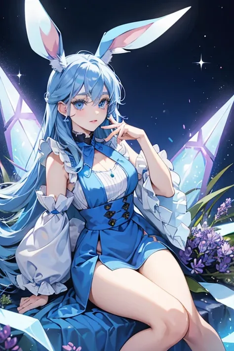 Lavendulan has a bunny-humanoid-like appearance with a light blue complexion, blue hair, bunny ears nose, eyelashes and blue eyes. She has paws on her hands and feet. She wears a dark blue bib and has short, oversized sleeves. Her gemstone is located on he...