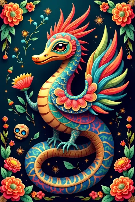 Alebrije of the feathered serpent, with many colors, Day of the Dead theme, NOT ANIMATED