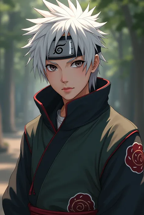 Draw a teenage ninja from the Uchiha clan. He has short white hair and his hair is brown in color.. His clothing is a cloak from his Uchiha clan and his headband from the Hidden Leaf Village. 