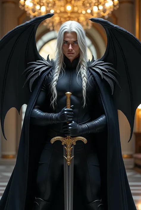 Create a handsome prince of hell, that she has long white hair in a half braid with loose strands. May he have blue eyes and a proud smile. She has on an elegant black outfit with shoulder pads falling in the shape of leaves on her arms., that has a black ...