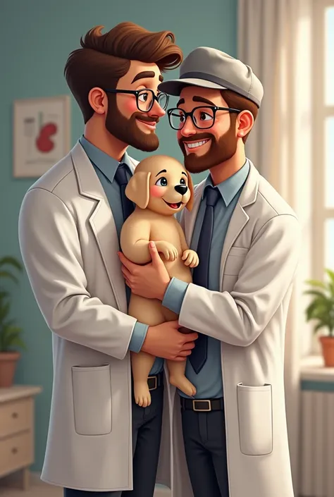 It&#39;s from a gay couple, one of them white, black hair, bespectacled, doctor with lab coat and kidney drawing, alto y el otro short stature, brunette, barba, with cap, big eyes, short stature, lower than the doctor, business dress, and a baby who is goi...