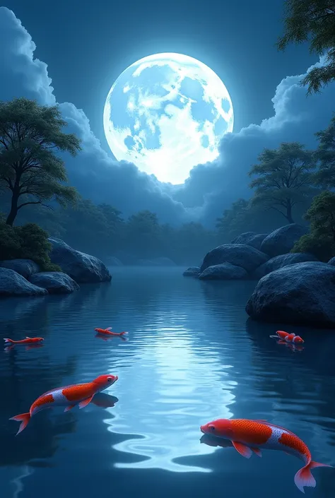 Create an image of a full, white moon in the sky, reflecting down on the surface of a pond in a Japanese garden with rocks and koi fish swimming around, which reflects light very well. The image of the full moon reflects off the water in the pond perfectly...