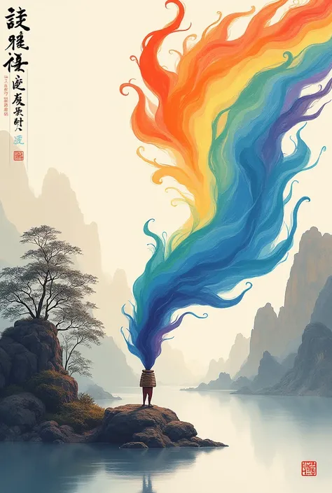 A calligraphy brush with rainbow colorful wave spread around, and chinese ink painting as background