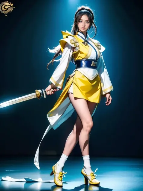 a woman in a white and yellow outfit holding a sword, full body xianxia, katana zero video game character, full body wuxia, anime character; full body art, knights of zodiac girl, full body concept, keqing from genshin impact, character is in her natural p...