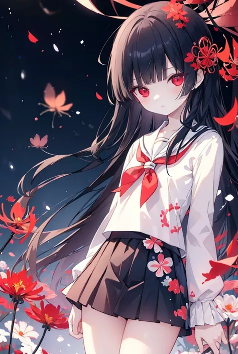 (Masterpiece)、Best Quality、Highest quality、High resolution、Very detailed、Glowing Skin、Bright highlights on eyes、Blushing、Sailor suit、Red Eyes、Cute eyes、(whole body;１.2)、torii、Red spider lily、A colorful, kaleidoscope-like appearance、Generate images using th...