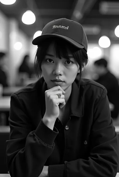 black and white, serious expression, partly obscured face, wearing a "MNML CITY" cap, short hair partly covered, casual dark jacket, plain ring on left hand, hand touching chin, leaning slightly forward, seated pose, looking down, smooth skin, indoor cafe ...