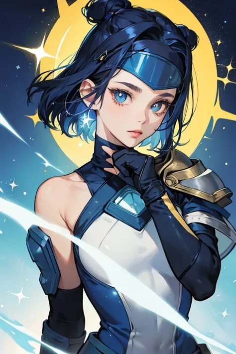 Maxixe , short dark blue hair with a fuse on the top of her head, no nose, small blue pupils and a blue visor. She has circular shoulder pads and elbow-length gloves. Her gemstone is located on her forehead. SPARKLE; GLITTER