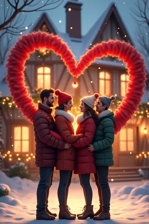 Two women and two men in front of an inn at Christmas, intertwined by a red ribbon forming the infinity symbol 