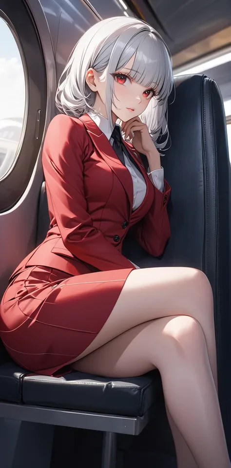 Ultra high resolution, rich colors, perfect image, top quality, detailed image, beautiful woman, glowing skin, texture of skin and clothes, delicate eyes, bullet train, sitting in a seat, red suit, tight skirt, (((silver hair with bangs))), red eyes